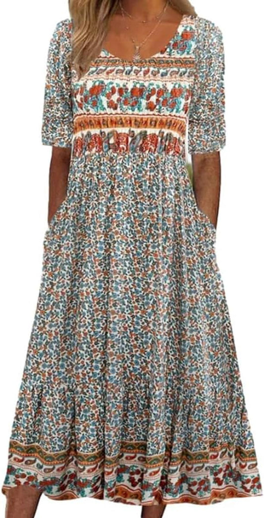 Mujere de Verano Cuello Redondo Manga Corta Vestido Bohemio Floral de Playa